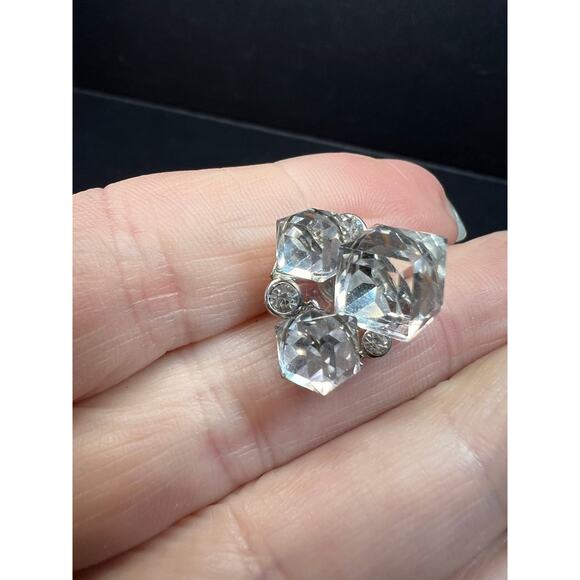Vintage Silver Tone Crystal Cube Rhinestone Cluster Earrings - Picture 3 of 14